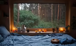 the room has a large window with many candles set out in it