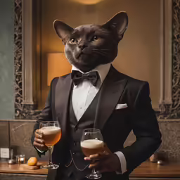 a man wearing a tuxedo and holding a glass in front of his face