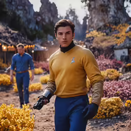 two men dressed in yellow and blue looking toward the camera