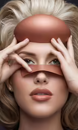 blonde woman with a red balloon and her eyes closed