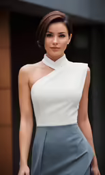 a woman with dark hair in a white and grey dress