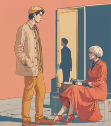 a man and a woman with the man standing near them,a man standing next to a woman sitting on a bench
