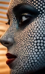 the face and body of a woman with painted black and white dots