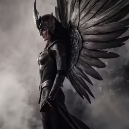 a woman with wings is standing in a cloudy field