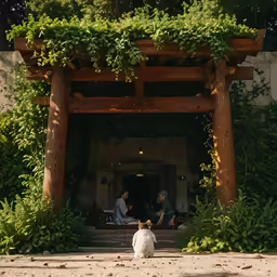 some white dog sitting in the sand at the end of a walkway