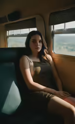 woman in grey dress sitting on seat next to windows