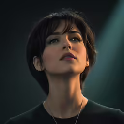 a woman in black is looking up into the sky