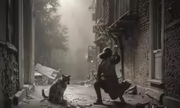 a man and his dog on the alleyway