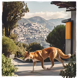 a dog walks up the hill with mountains in the distance