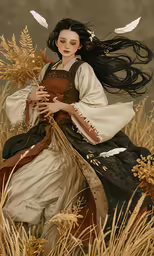 an illustration of a woman in a dress holding a branch