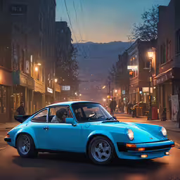 a man sits in the drivers seat of an old blue porsche,the teal colored car is parked in the dark street