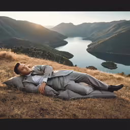 man is laying on a hill, wearing a suit