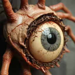 a fake doll hand holding an eye with the wrist attached