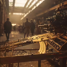 a man stands behind a piece of machinery in a factory