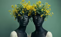 two dark - skinned women are shown with yellow flowers on their heads