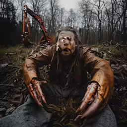 a man in costume laying on ground next to an excavator