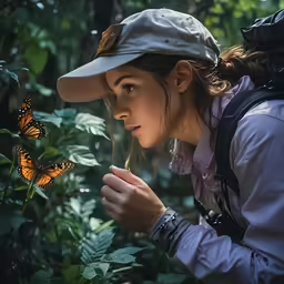 a woman is taking a picture of butterflies