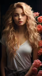 a young woman with long, blonde hair and rosey bouquets,a beautiful woman with long hair next to pink flowers