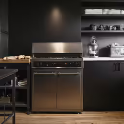 modern kitchen with large metal appliances and cabinets