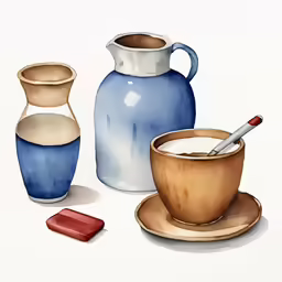 a pitcher and saucer are on the table beside coffee