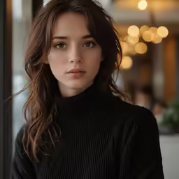 a woman with a black shirt on is looking into the camera