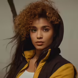 a young woman wearing an yellow and black jacket and white shirt
