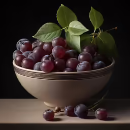 a bowl full of grapes with green leaves