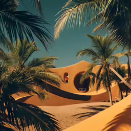 a tan building with palm trees and clear sky
