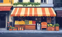 an orange and yellow shop on the street in front of buildings