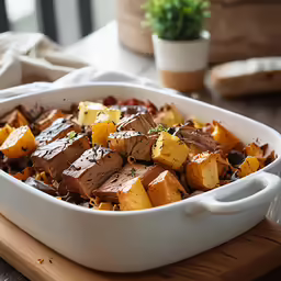 a dish with chopped potatoes and herbs on a table
