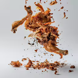 a bird that is flying through the air,a piece of meat is flying through the air