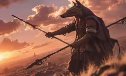 a knight holding two arrows and a gun