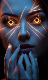 an artistic woman with glow eyes, glowing makeup and glowing nails