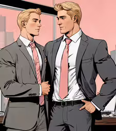 two men wearing business suits in a cartoon,two men with suits in front of pink buildings
