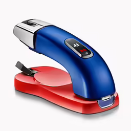 a blue and red hand held stapler on top of a white background