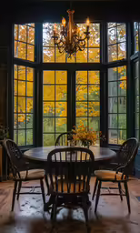 a large window with the view of autumn trees