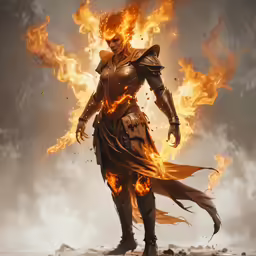 a fire - dressed knight stands in a darkened area surrounded by stones and flames