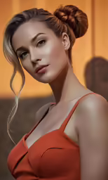 a beautiful woman wearing a brown dress is looking at the camera