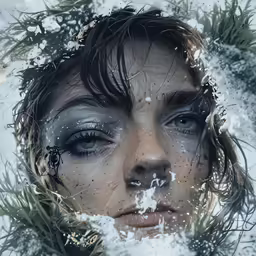 a girl looking through a window covered in snow