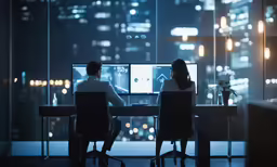 two people sitting at a desk in front of a computer screen