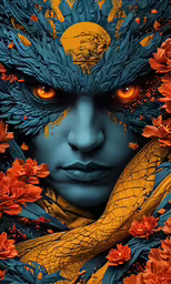 a woman in blue and orange wearing flowers