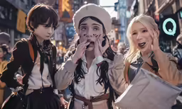 three girls are standing near each other on a crowded street