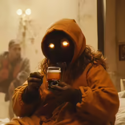 someone with a hoodie and the shape of a demon holds up a beer in a small room