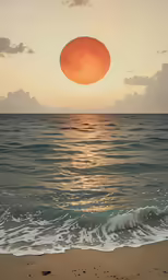 a large orange circle floating over the ocean