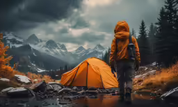 a person with a backpack walking towards a tent