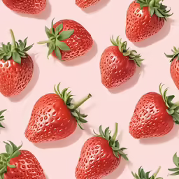 group of strawberries on pink background with green leaves