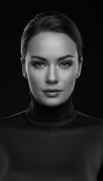a woman in black leather is posing for a black and white photo
