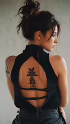 a woman is showing her back tattoo