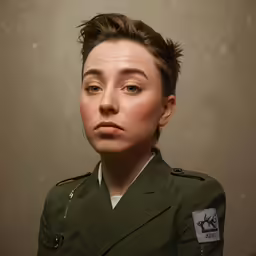 a woman wearing a green suit and a white shirt