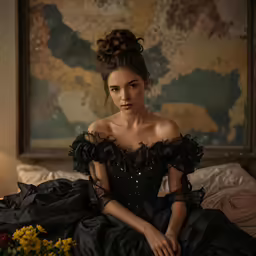 a woman sitting on a bed with flowers